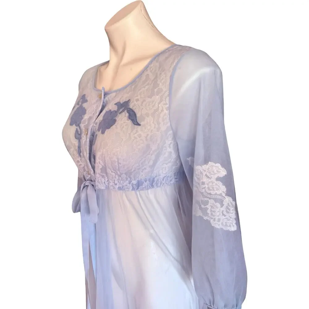 Movie Star Vintage 1970s Sheer Peignoir Robe Baby Blue Lace Floral Appliqué Sz S